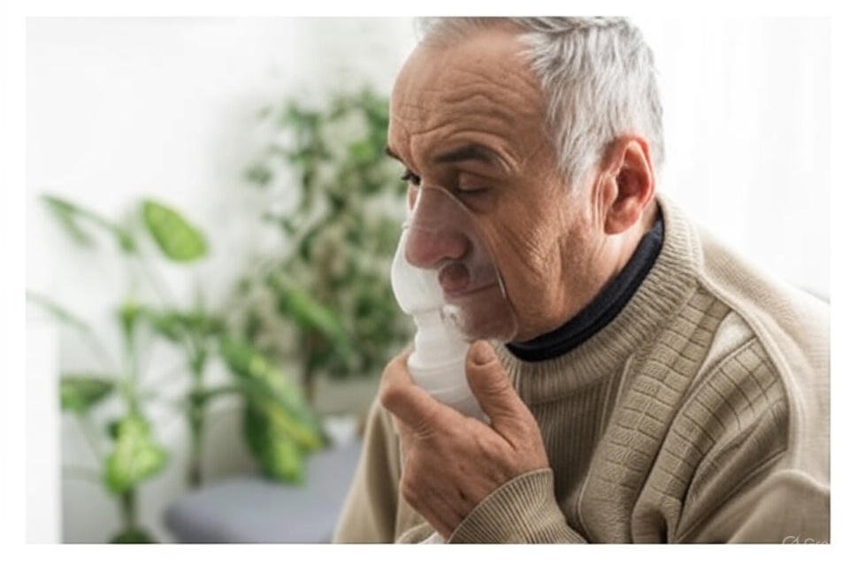 "Hombre mayor usando un nebulizador para tratar la EPOC, en un ambiente sereno con plantas"